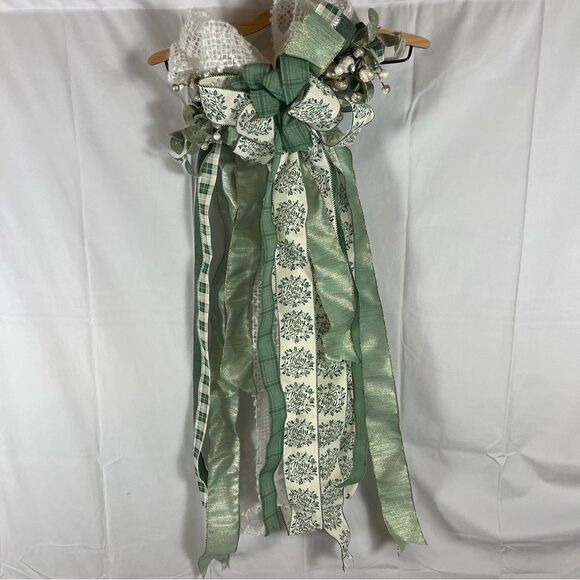 Christmas Tree Topper Bow Star Holiday Decor Mod Farmhouse White, Green & Silver - Picture 11 of 12